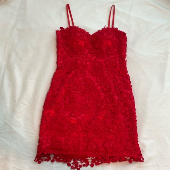 Vintage Red Satin Embroidered Lace Cocktail Dress - Picture 9 of 10